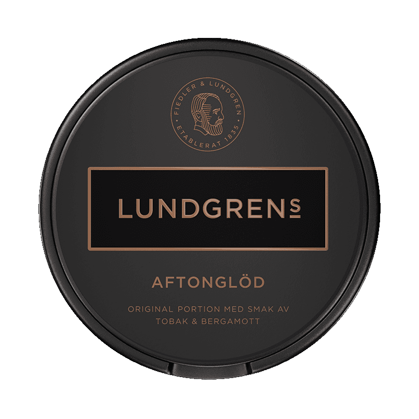 Dosa med Lundgrens Aftonglöd Original, originalportion tobakssnus med läder och bergamott från BAT