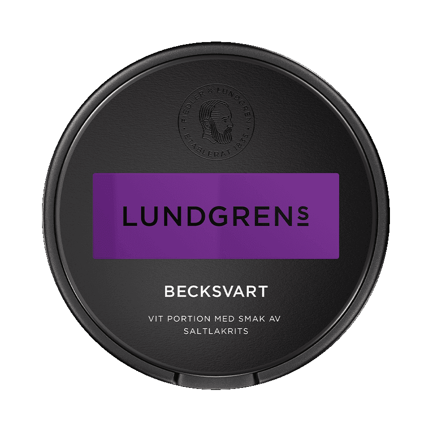 Dosa med Lundgrens Becksvart, vit portion tobakssnus med saltlakrits och salmiak från BAT
