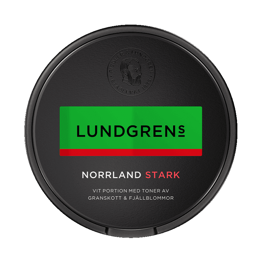 Dosa med Lundgrens Norrland Stark, stark vit portion tobakssnus med granskott och fjällblommor från BAT