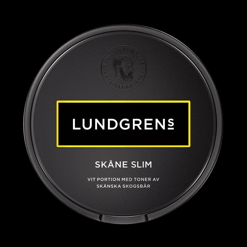 Dosa med Lundgrens Skåne Slim, vit slimportion tobakssnus med vilda bär och enbär från BAT