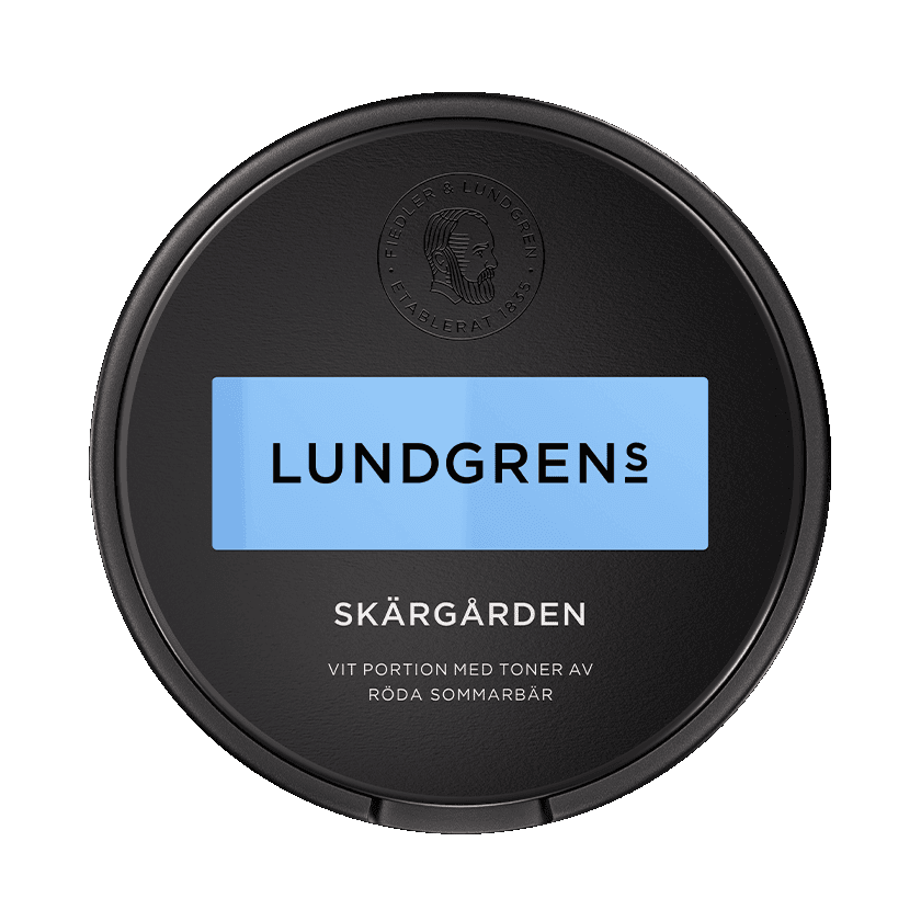 Dosa med Lundgrens Skärgården, vit portion tobakssnus med röda bär från BAT